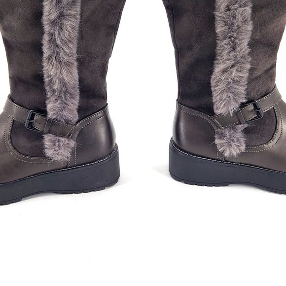 New Wanted Platform Knee High Boots Brown Faux Leather & Fur Buckle Detail 7.5 - Picture 10 of 11